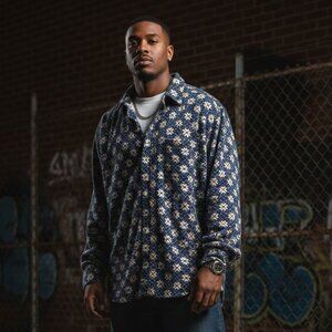 Vintage Enyce Shirt Men L Navy Geometric Button Up Cozy Y2K Streetwear Fleece